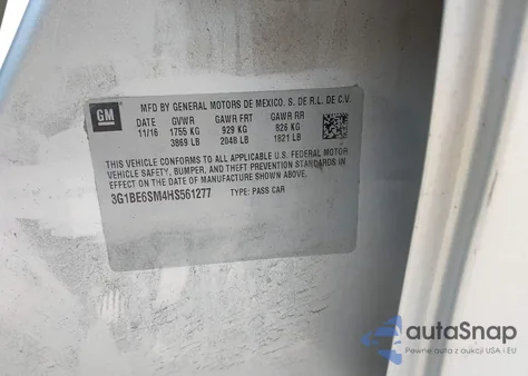 2017 Chevrolet Cruze Lt Auto z USA, uszkodzony, nr VIN 3G1BE6SM4HS561277